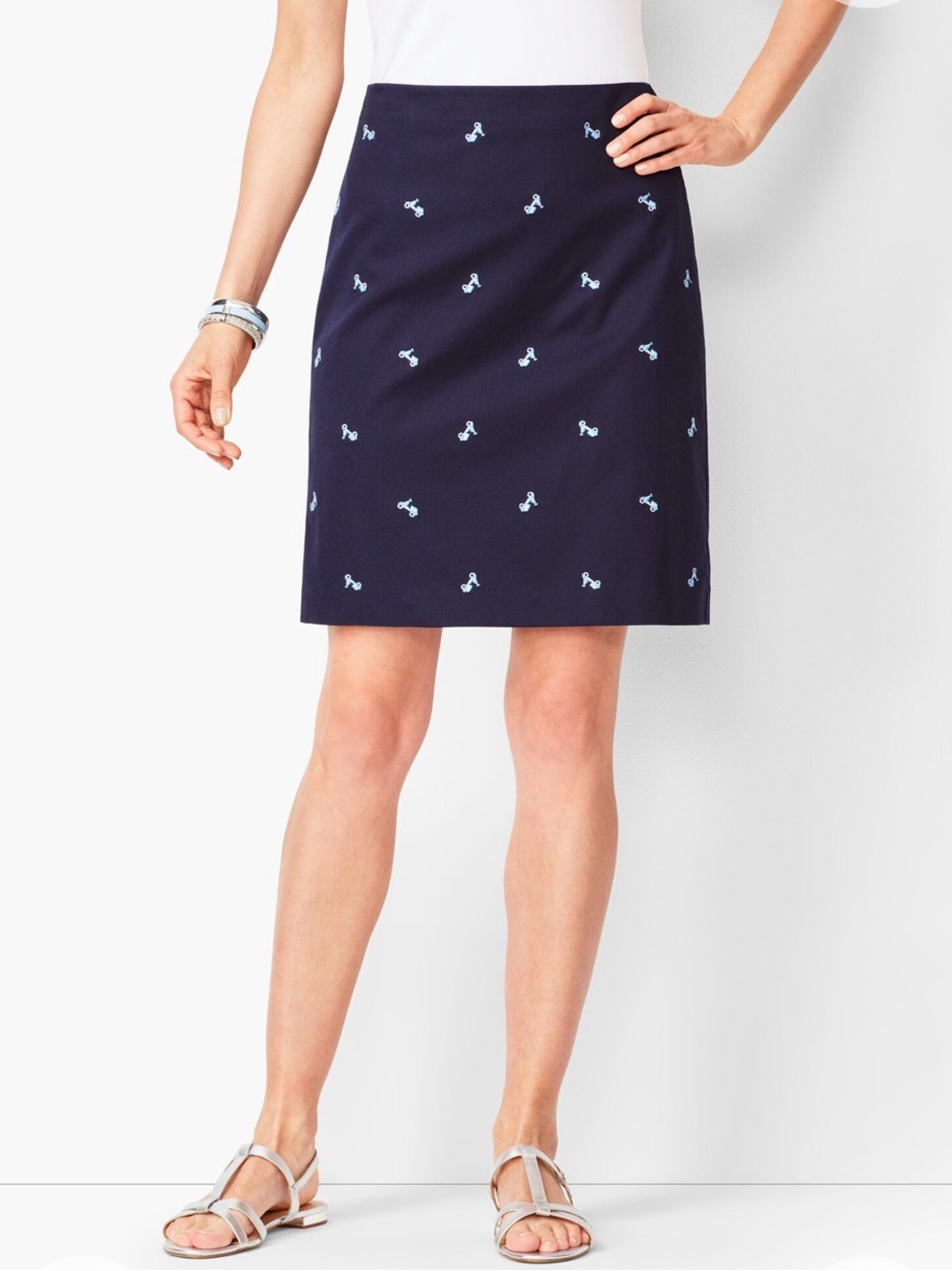 Talbots Dark Navy Blue Canvas Cotton Skirt with White Bicycle Embroidery